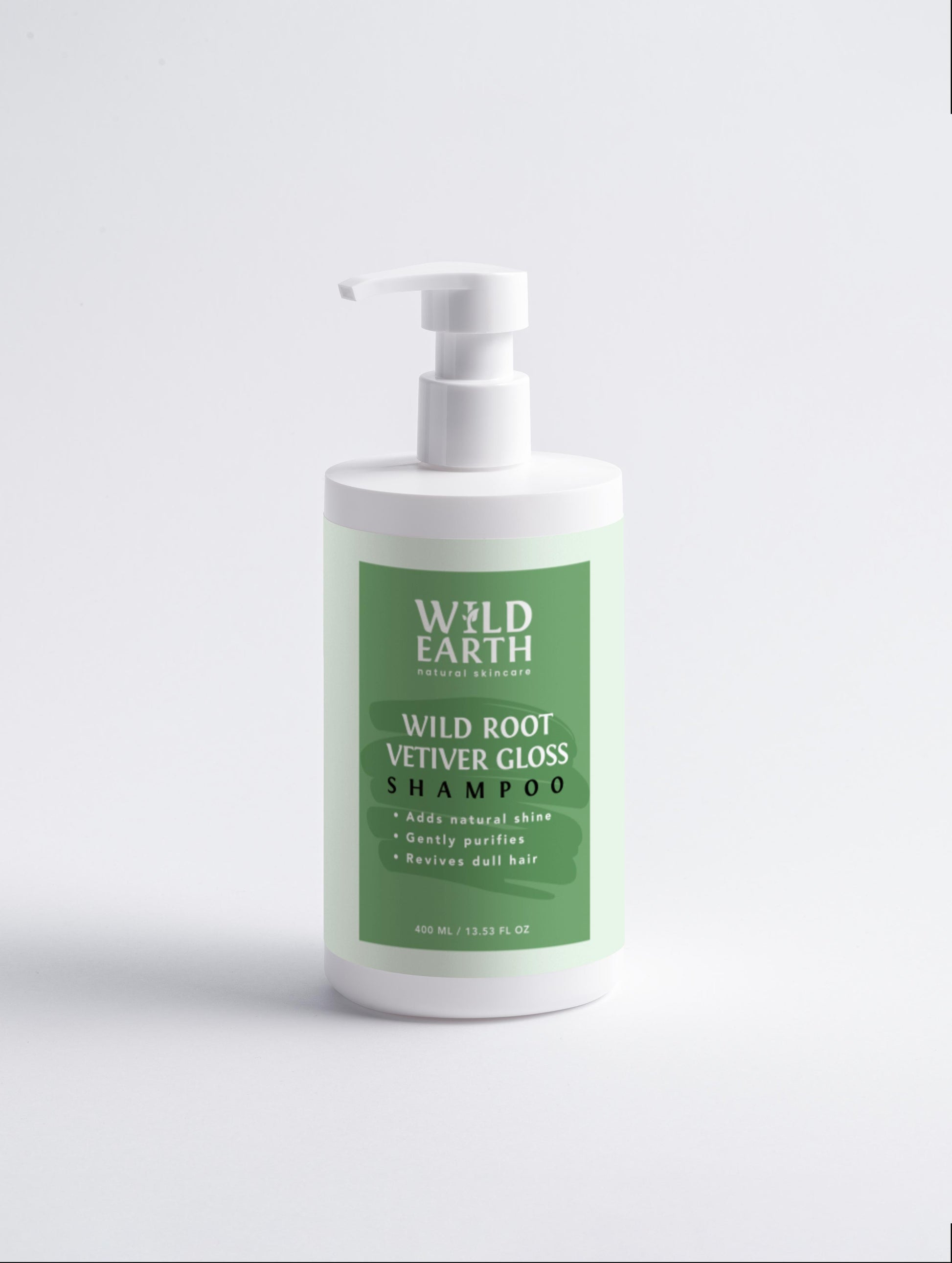 Wild Earth Wild Root Vetiver Gloss shampoo bottle on a white background