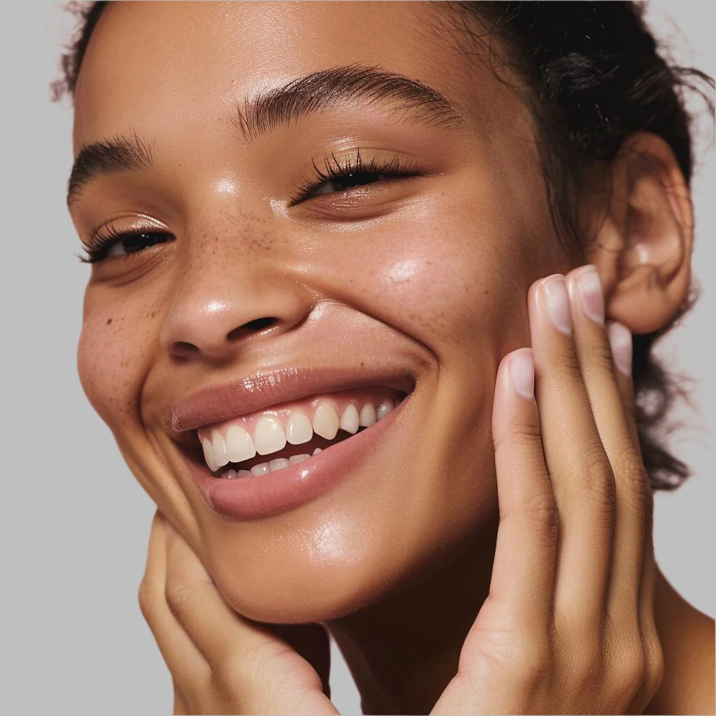 Close-up of a woman's face smiling against a pink background