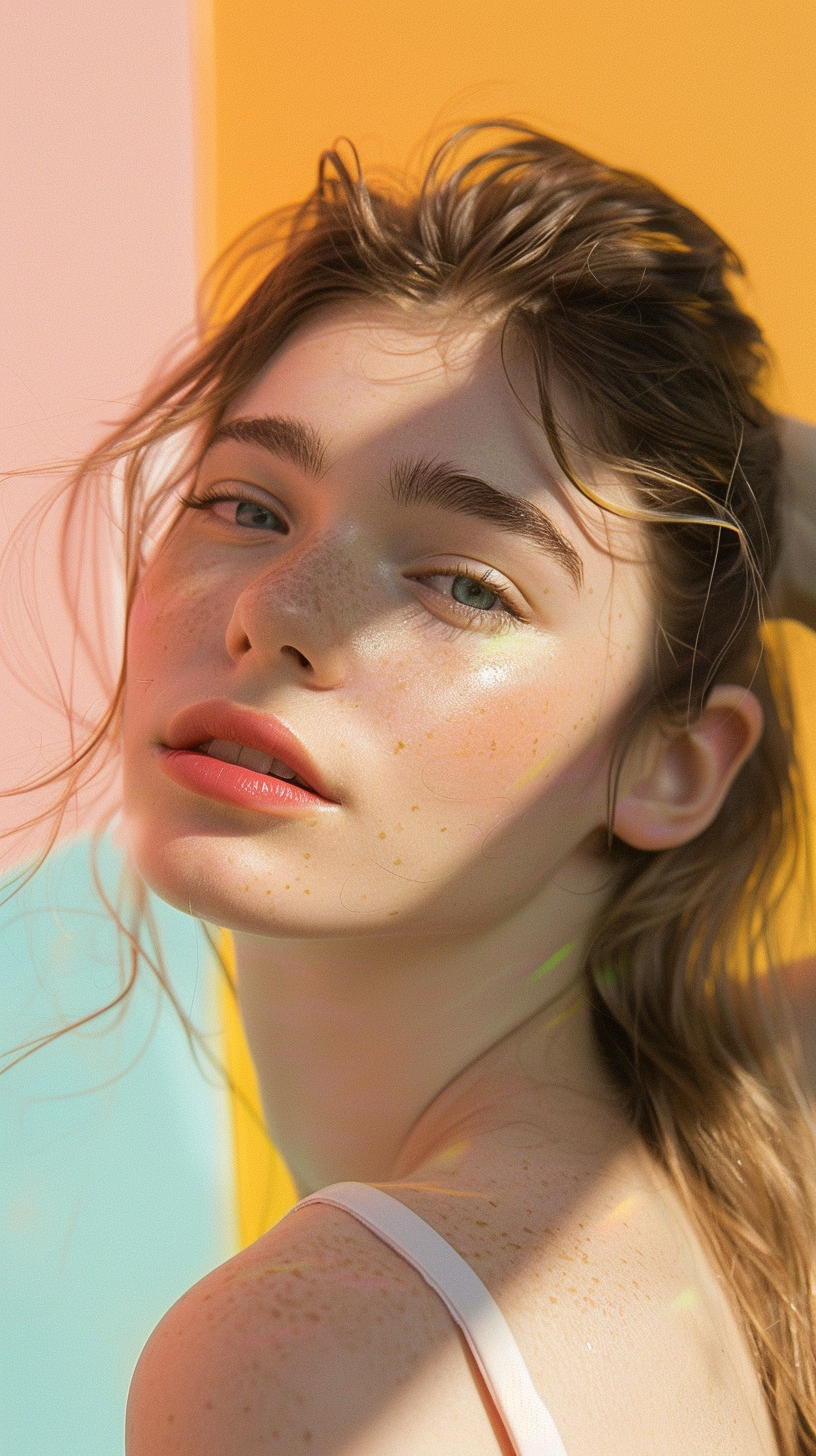 Woman with freckles against a colorful background