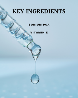 Skincare dropper with liquid droplet labeled 'Key Ingredients: Sodium PCA, Vitamin E' on a light blue background