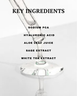 Glass with liquid and text listing key ingredients on a white background