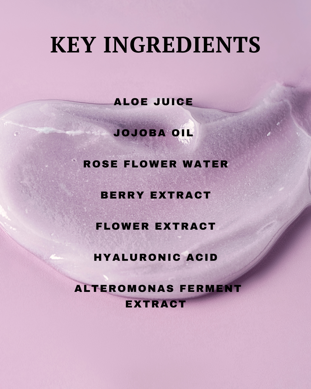 List of key ingredients for a skincare product on a pink background with a close-up of the product.