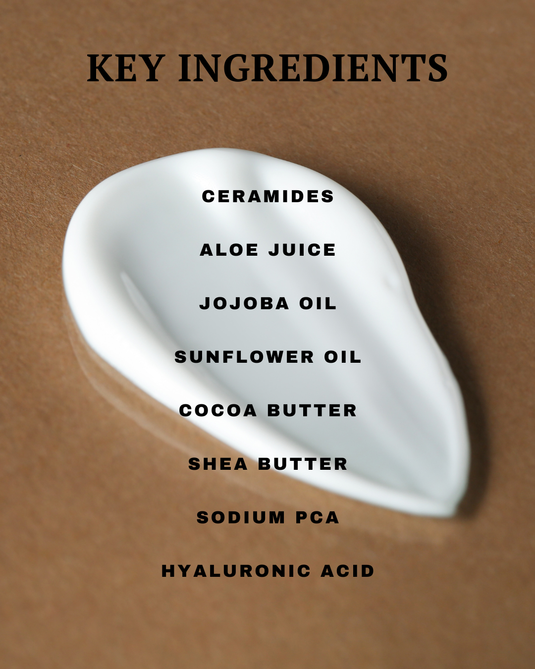 White shell with key ingredients listed on a brown background