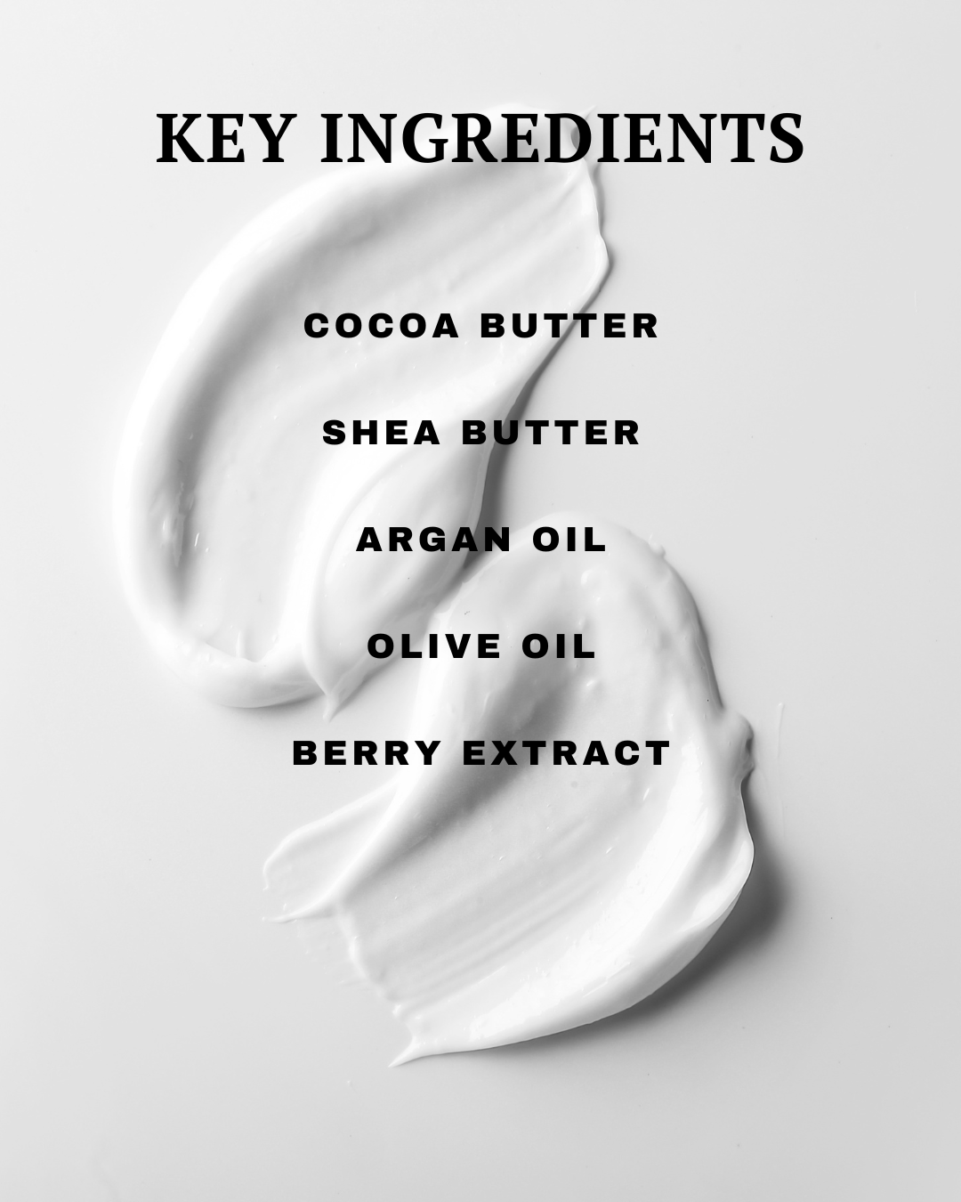 White cream swatch with key ingredients listed on a light gray background