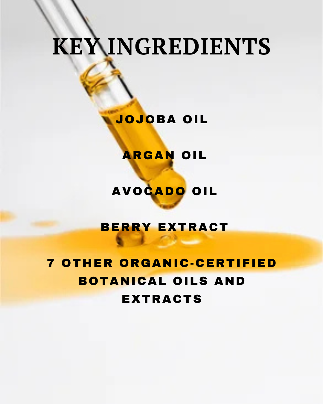 Vial of yellow liquid with text listing key ingredients on a white background