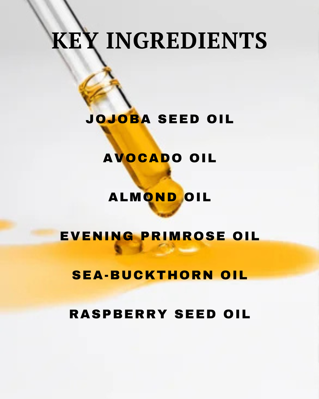 List of key ingredients for a skincare product on a white background with a dropper and oil.