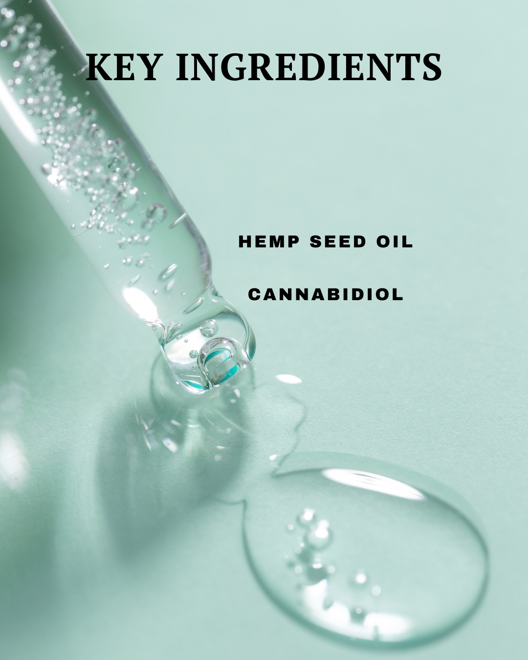 Hemp seed oil being poured with 'Key Ingredients' text on a light green background