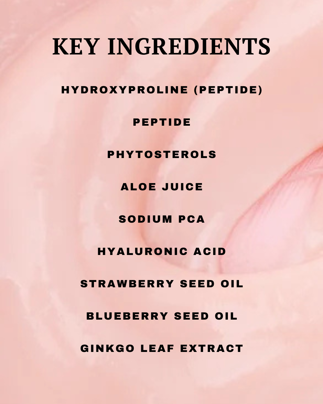 List of key ingredients on a pink background with skin texture