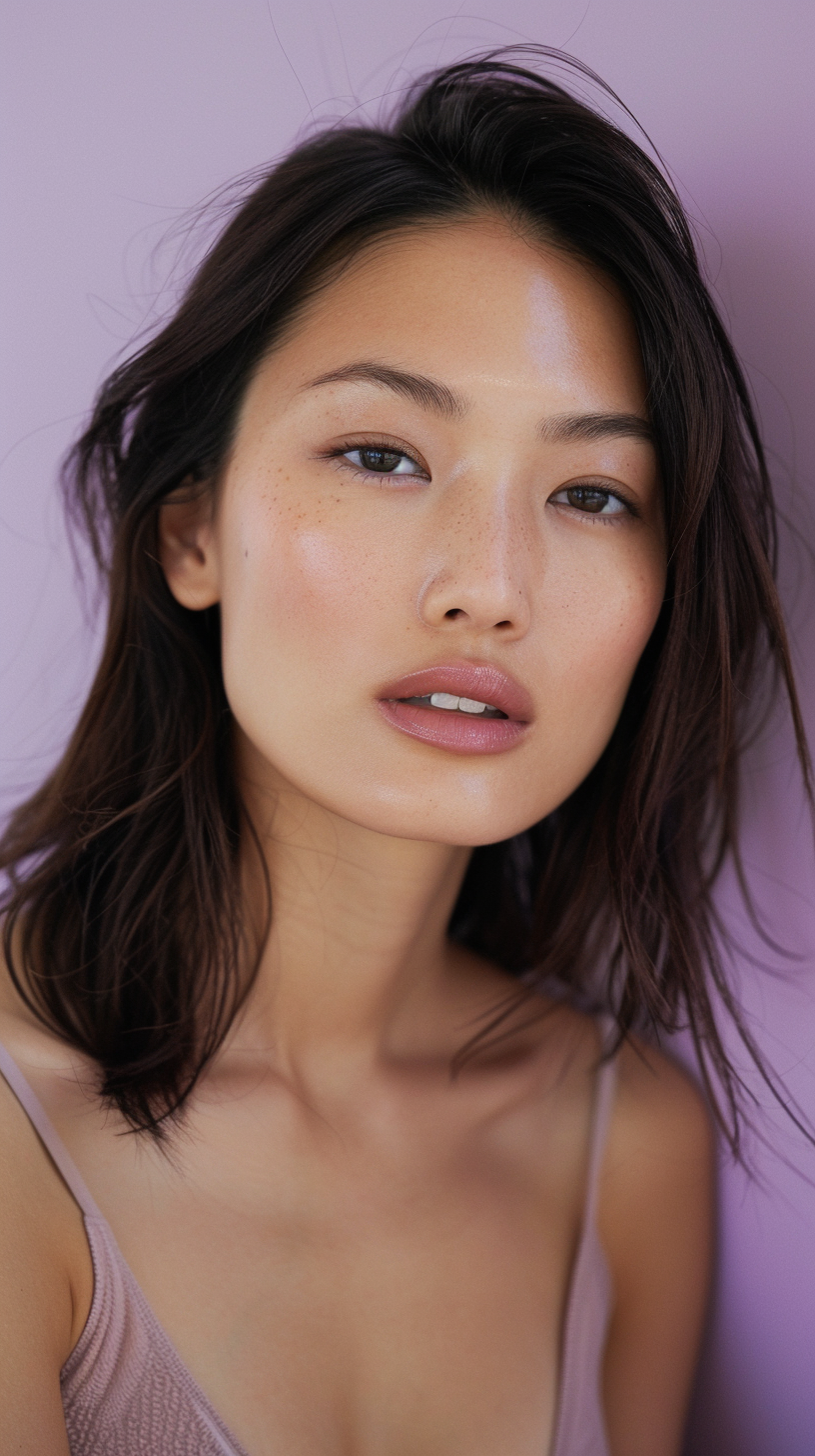 Woman with shoulder-length hair against a purple background