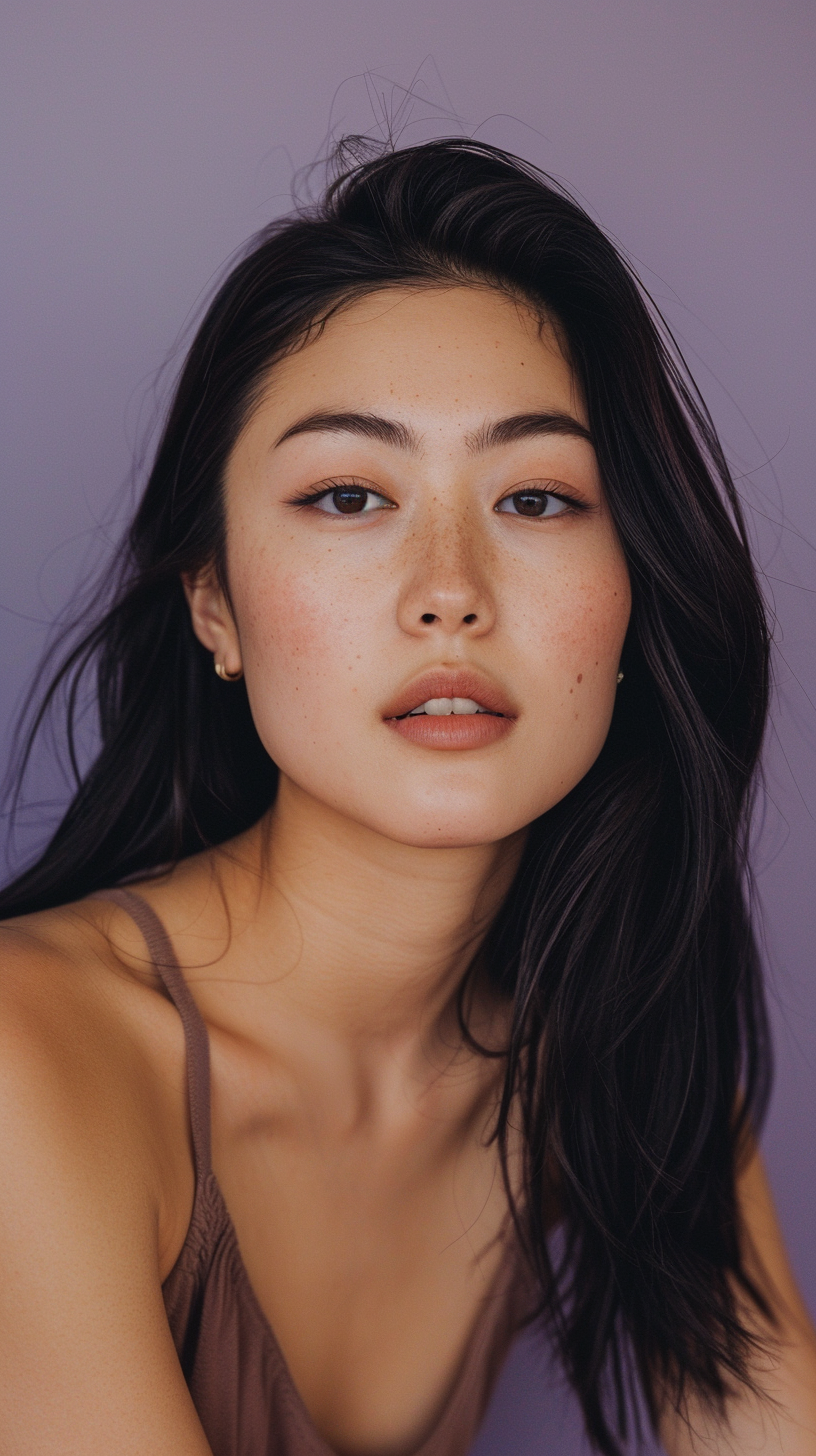 Woman with long dark hair against a purple background