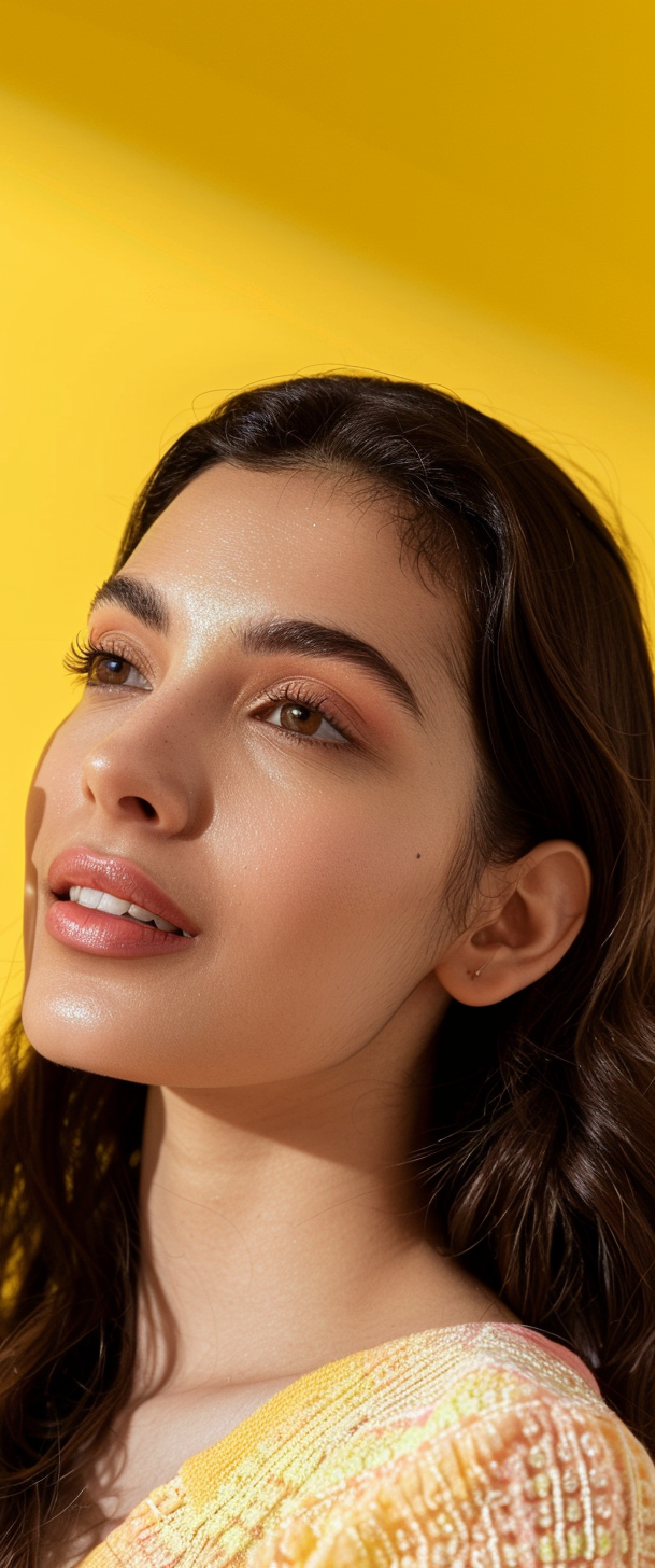 Woman wearing a yellow and pink traditional outfit against a bright yellow background