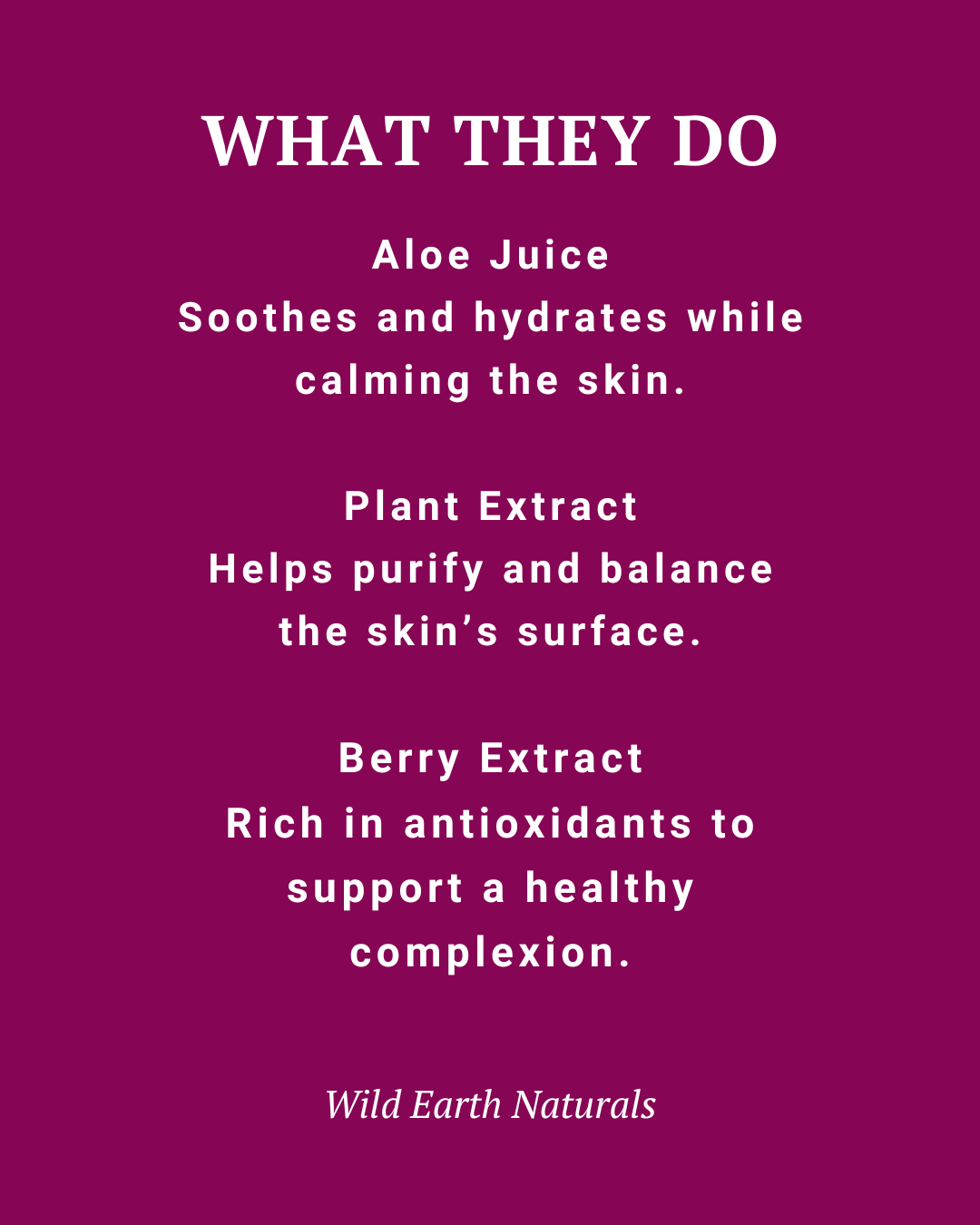 Text on a purple background describing the benefits of aloe juice, plant extract, and berry extract from Wild Earth Naturals.