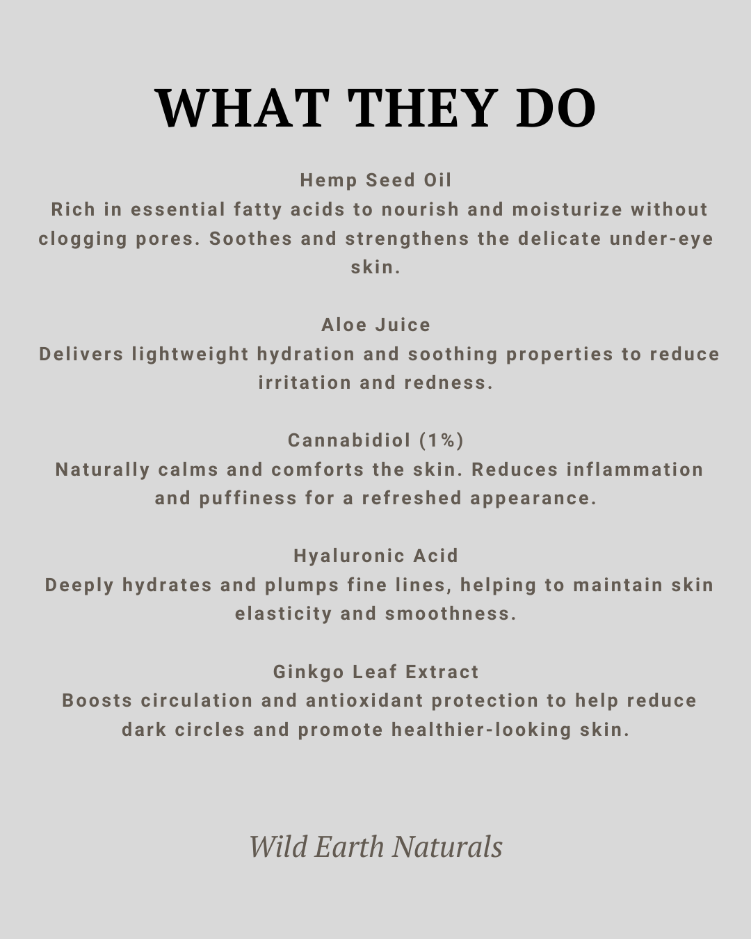 List of ingredients and their benefits for a skincare product by Wild Earth Naturals on a gray background.