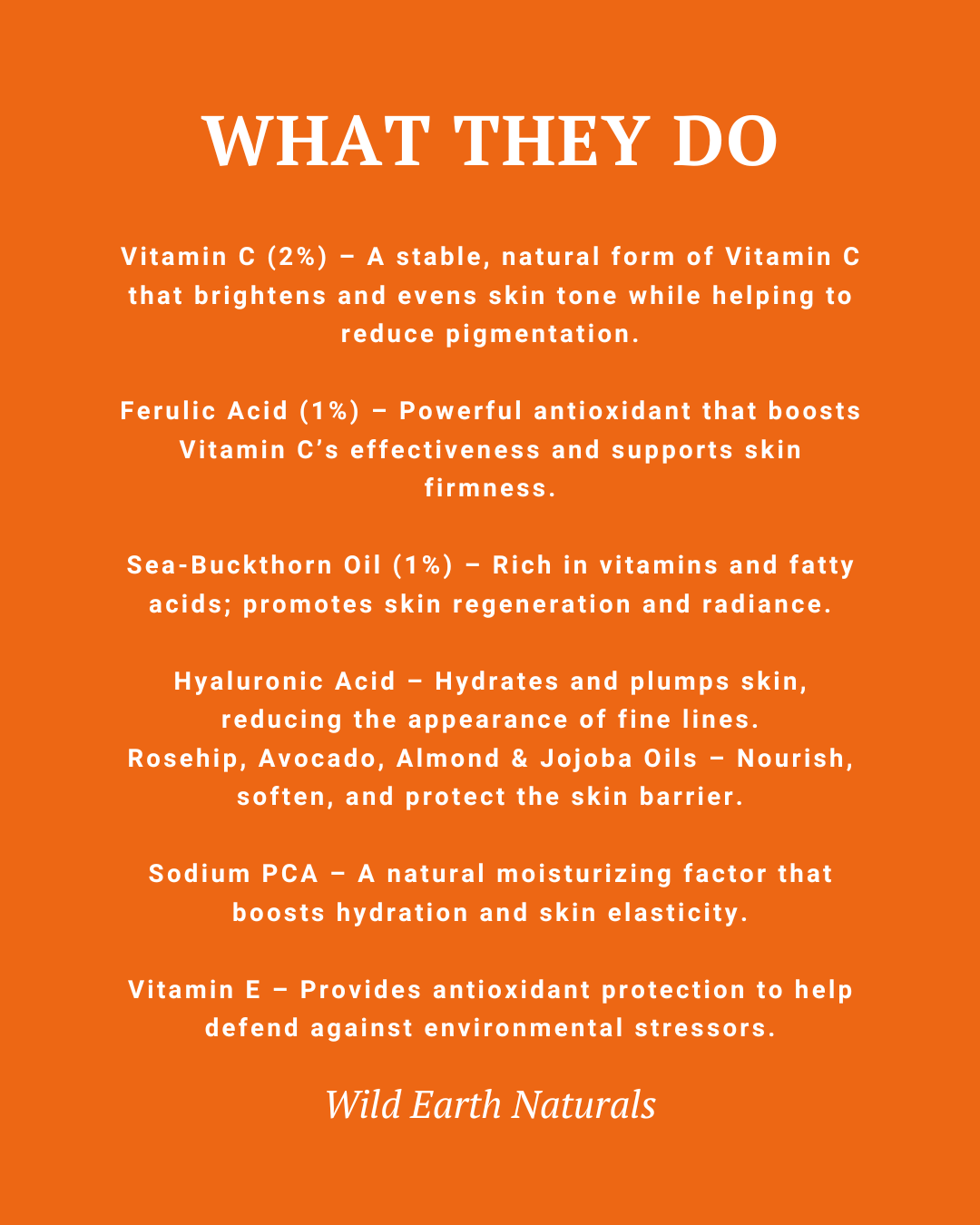 List of ingredients with their functions on an orange background, featuring Wild Earth Naturals branding.