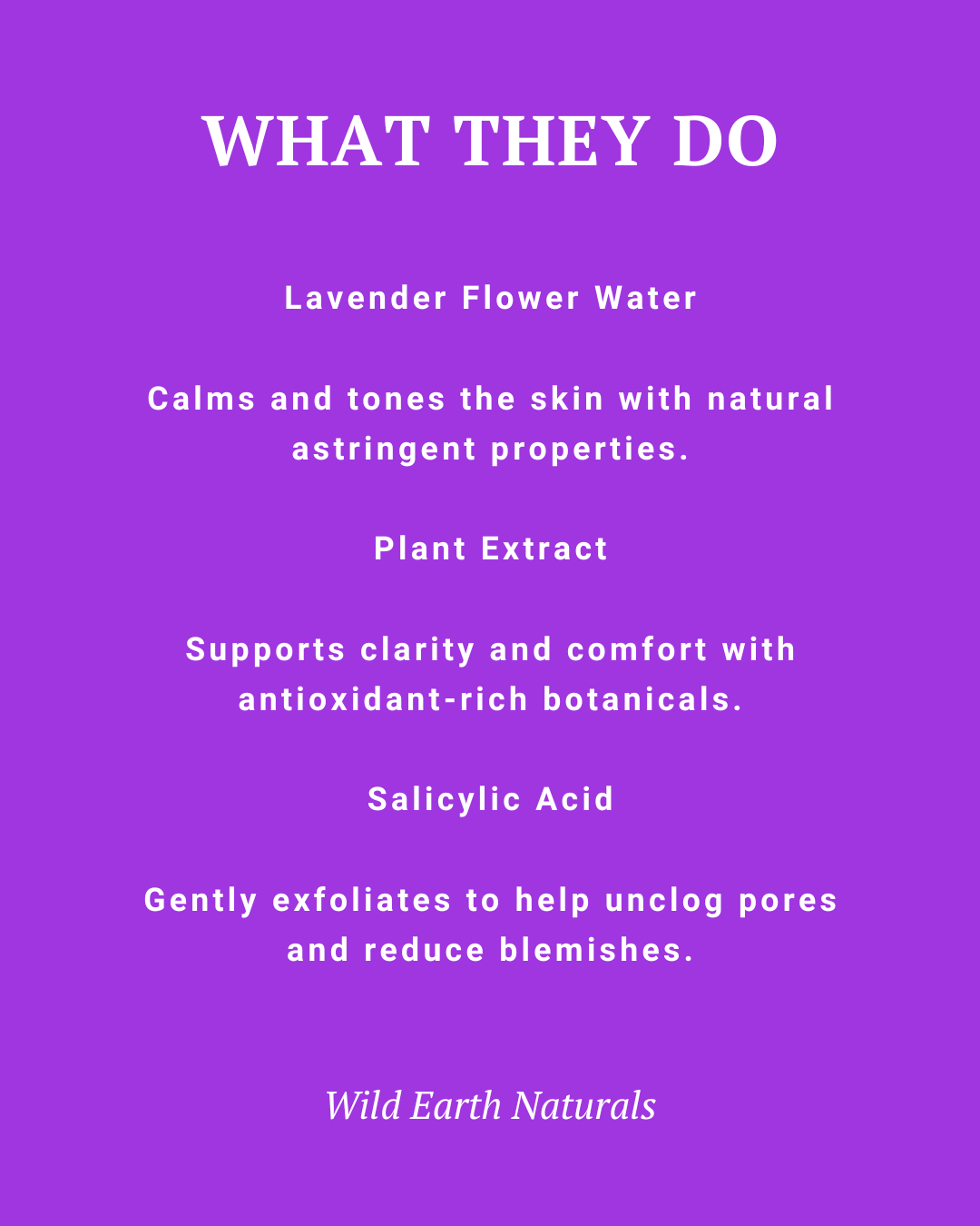 Product description card for Wild Earth Naturals with text on a purple background