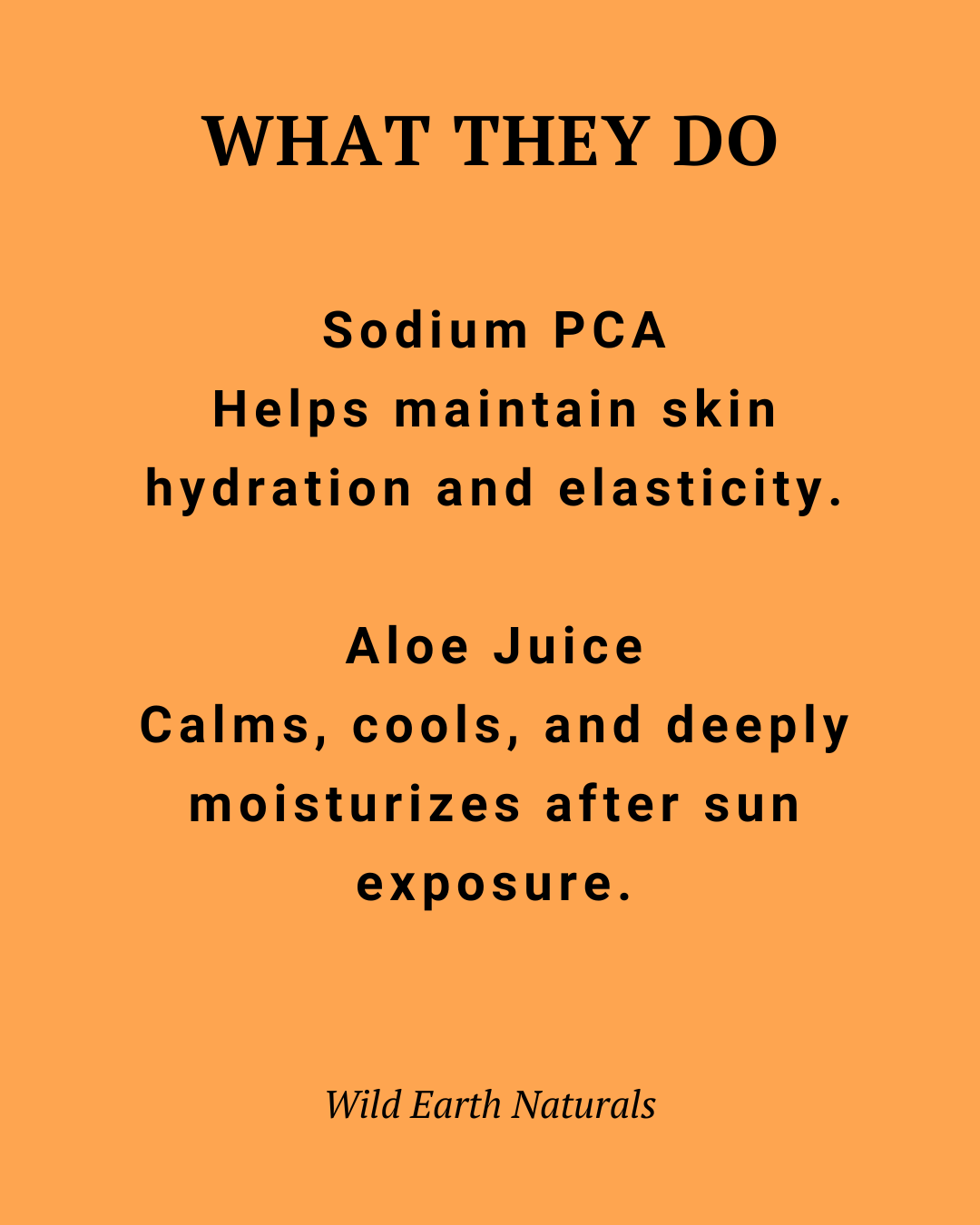 Orange background with text about Sodium PCA and Aloe Juice from Wild Earth Naturals