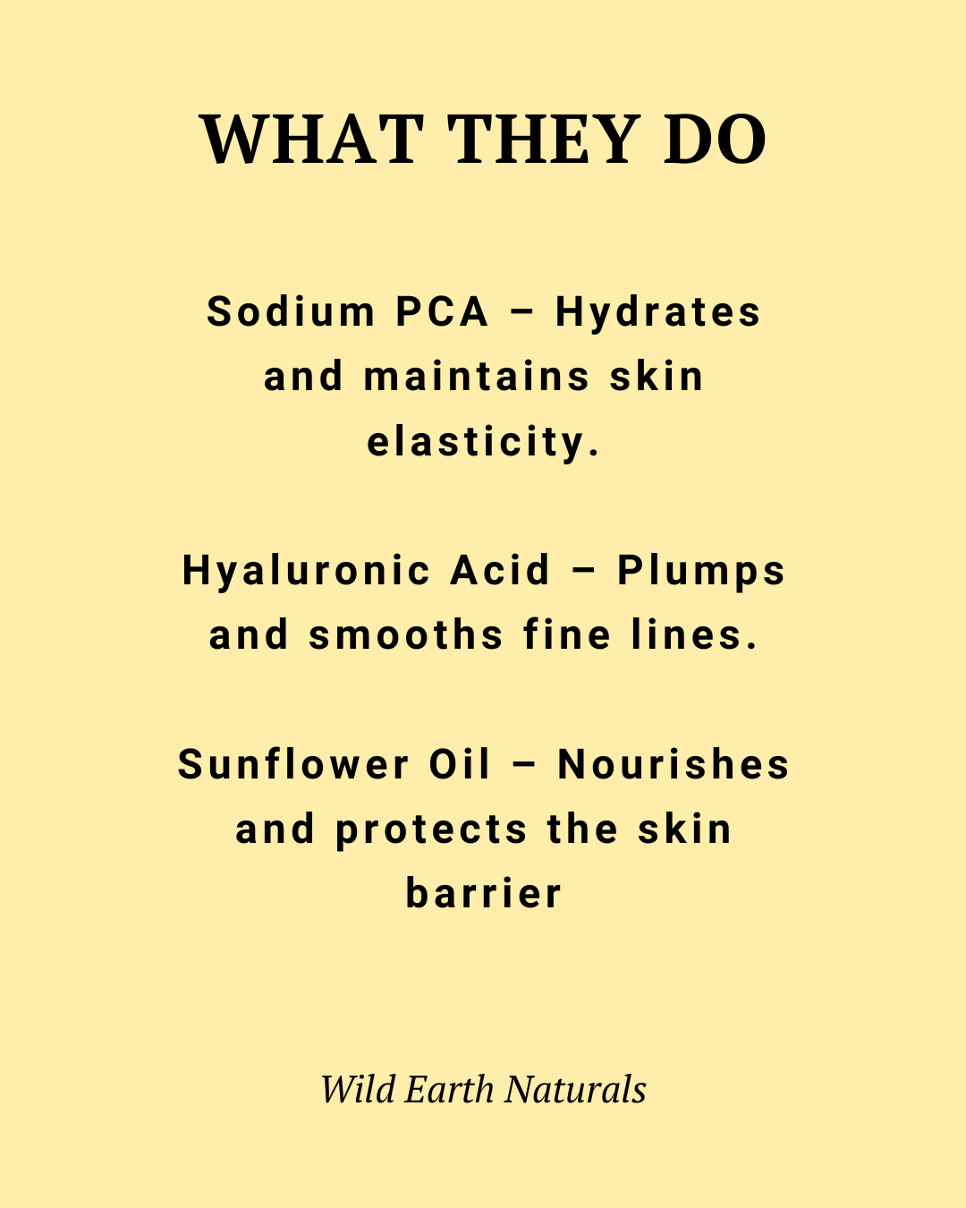 Text on a beige background describing the benefits of Sodium PCA, Hyaluronic Acid, and Sunflower Oil with Wild Earth Naturals branding.