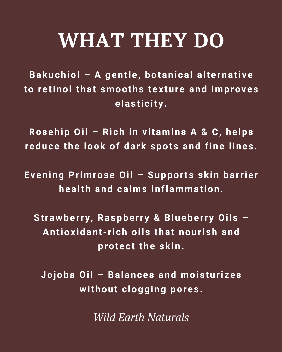 Text description of skincare oils with their benefits on a brown background