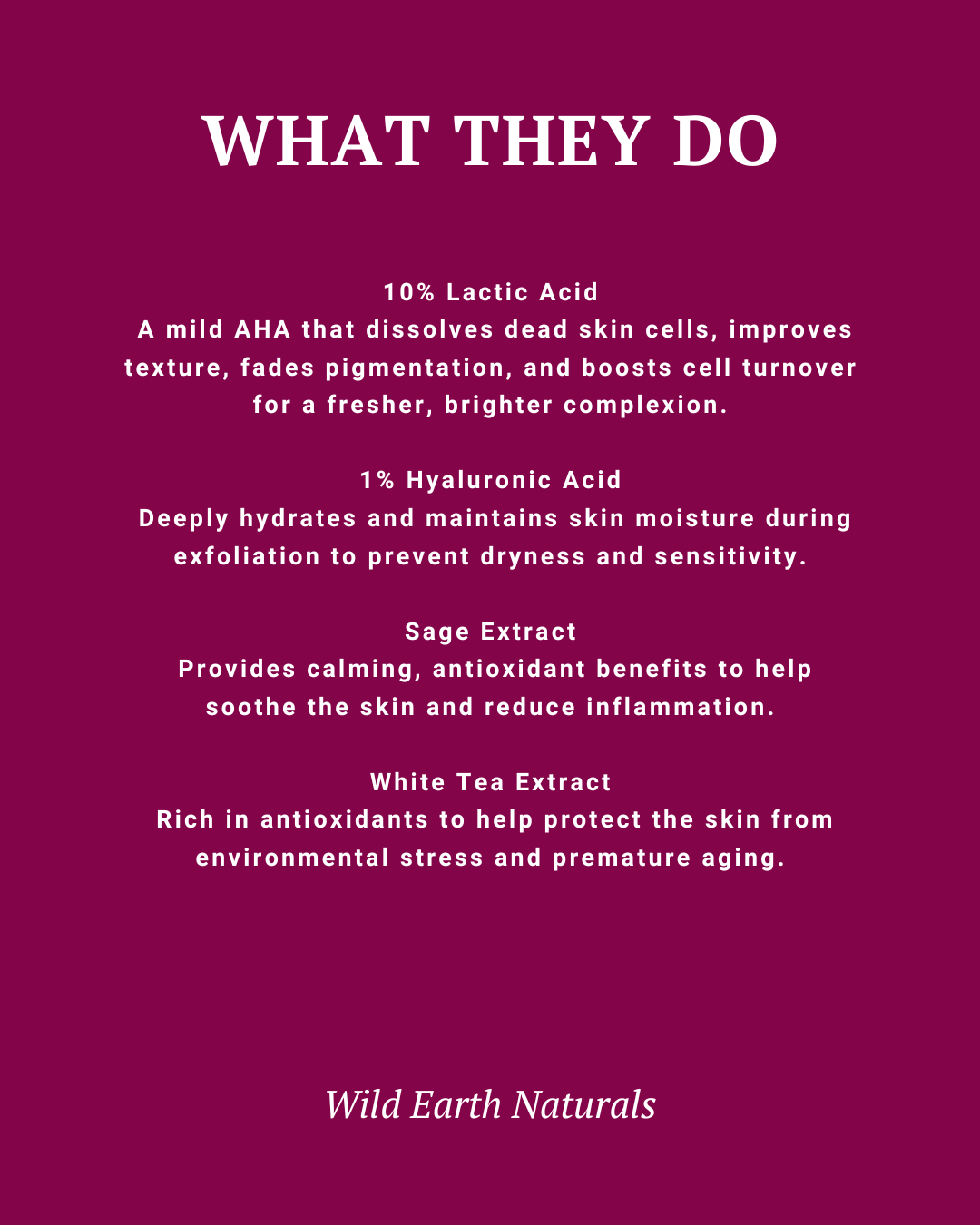 Product description card with skin care ingredients on a purple background