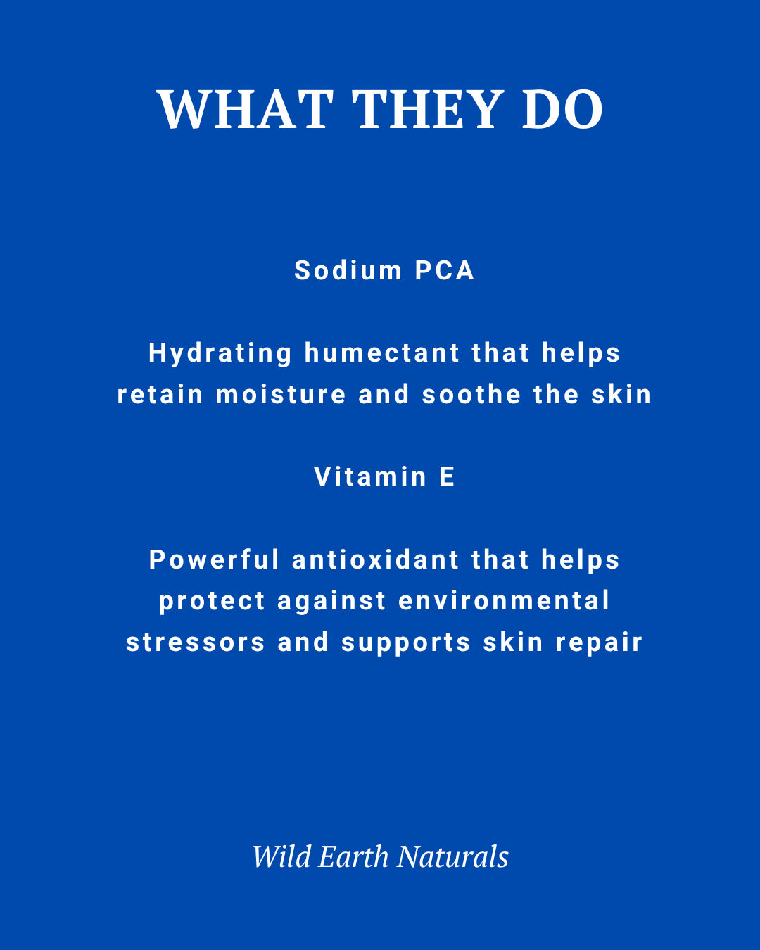 Text on a blue background describing Sodium PCA and Vitamin E with Wild Earth Naturals branding.