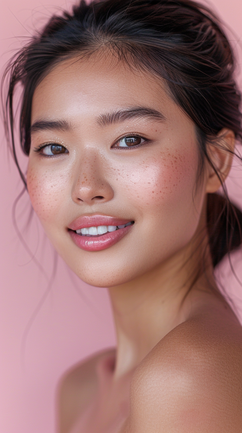 Close-up of a woman with a soft smile against a pink background