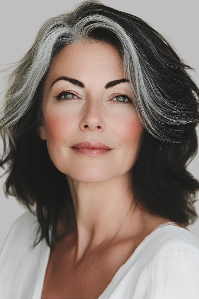 Woman with gray hair wearing a white top against a plain background