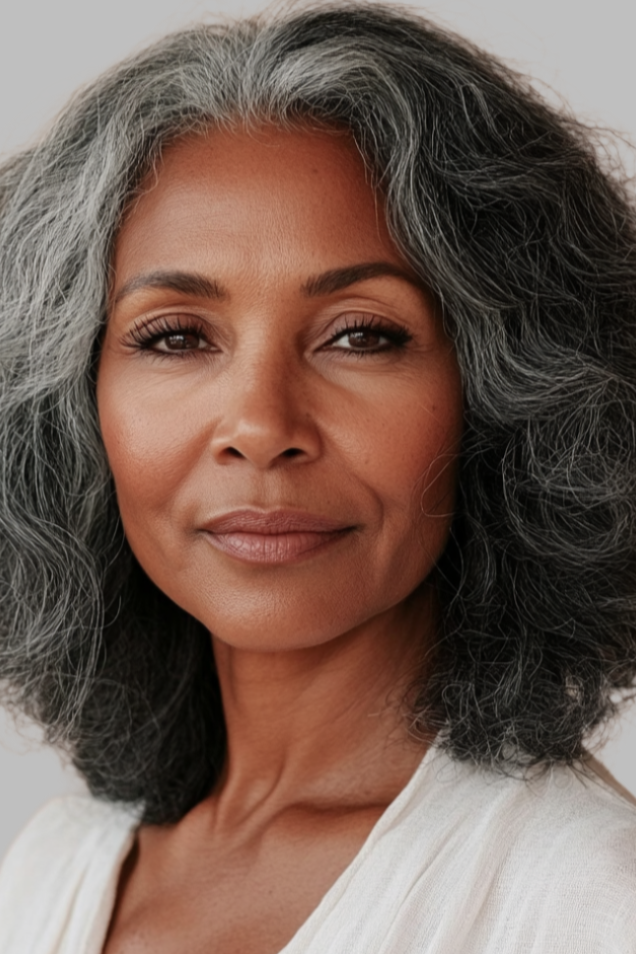 Woman with gray hair wearing a white top against a neutral background