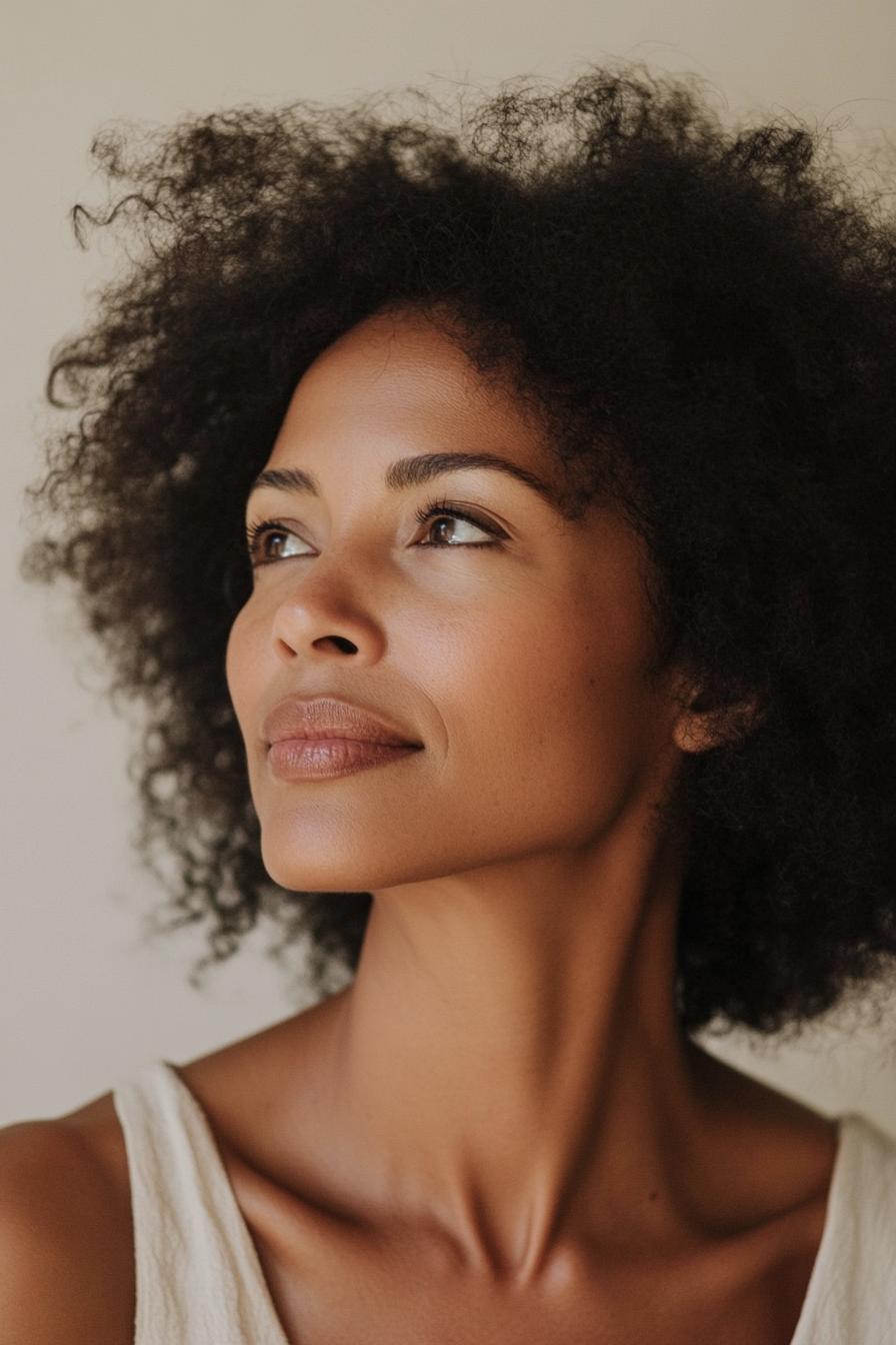 Woman with natural hair looking to the side against a neutral background