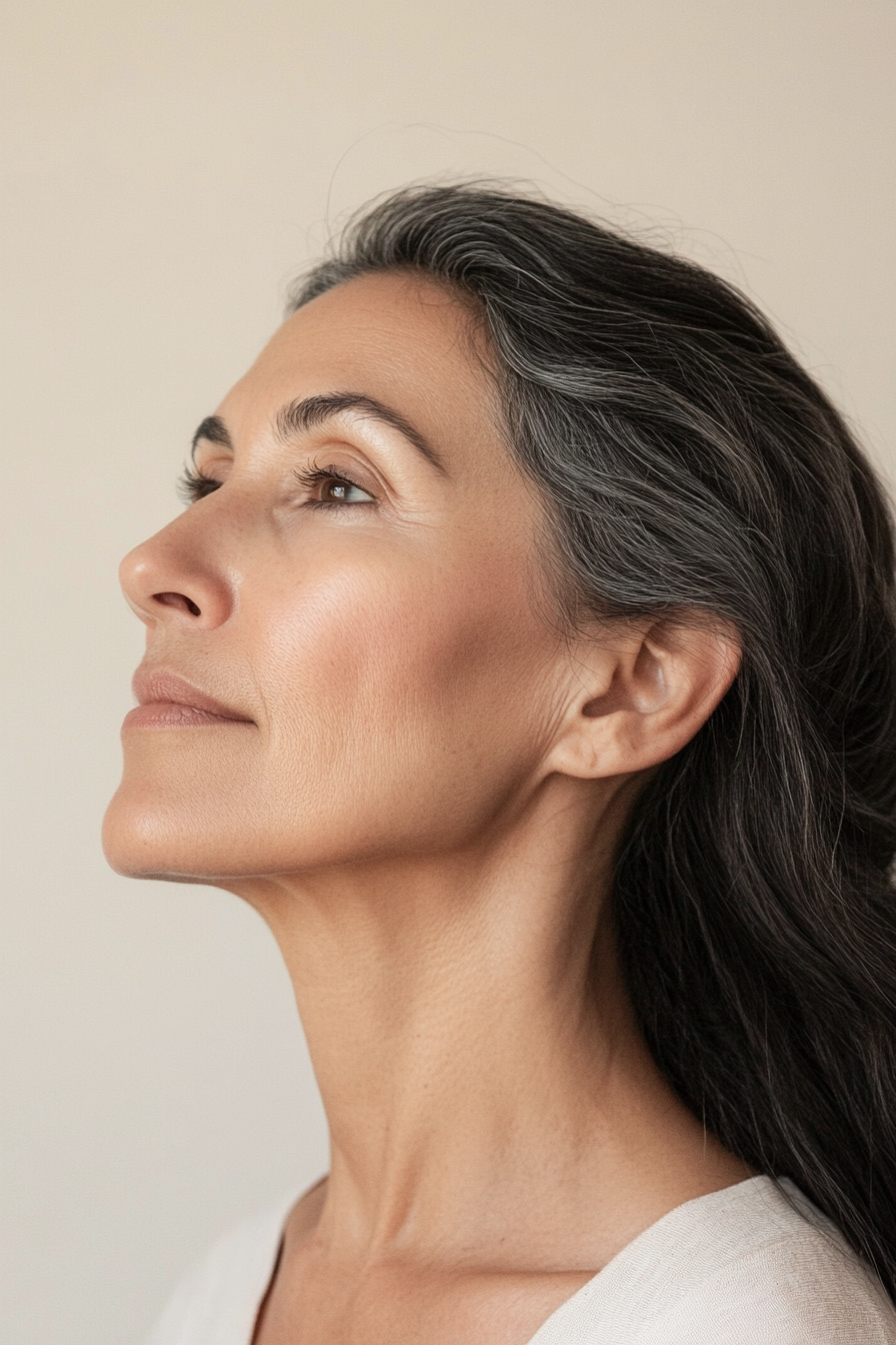 Woman with gray hair looking upwards against a beige background