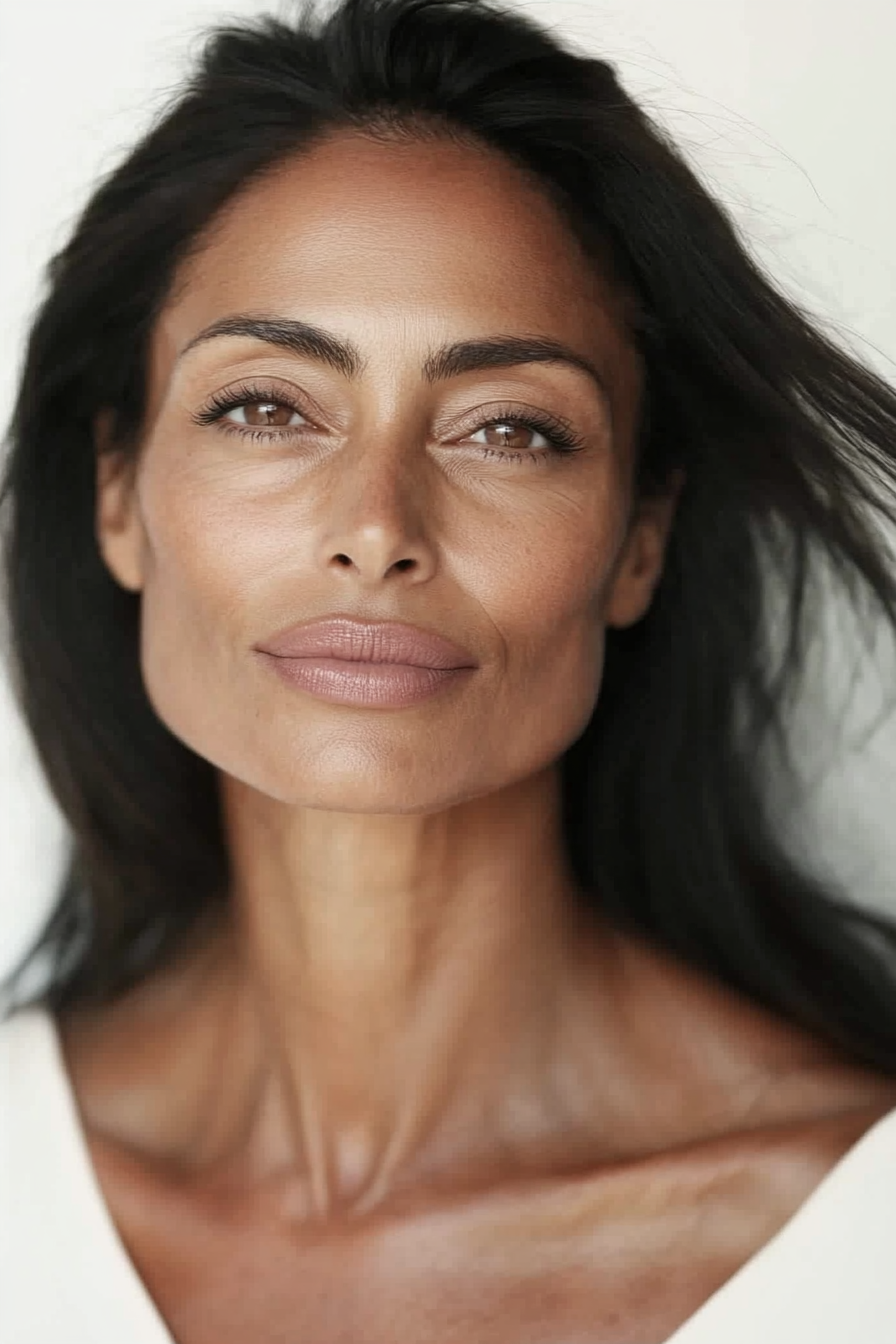 Woman with long dark hair and a neutral expression against a white background