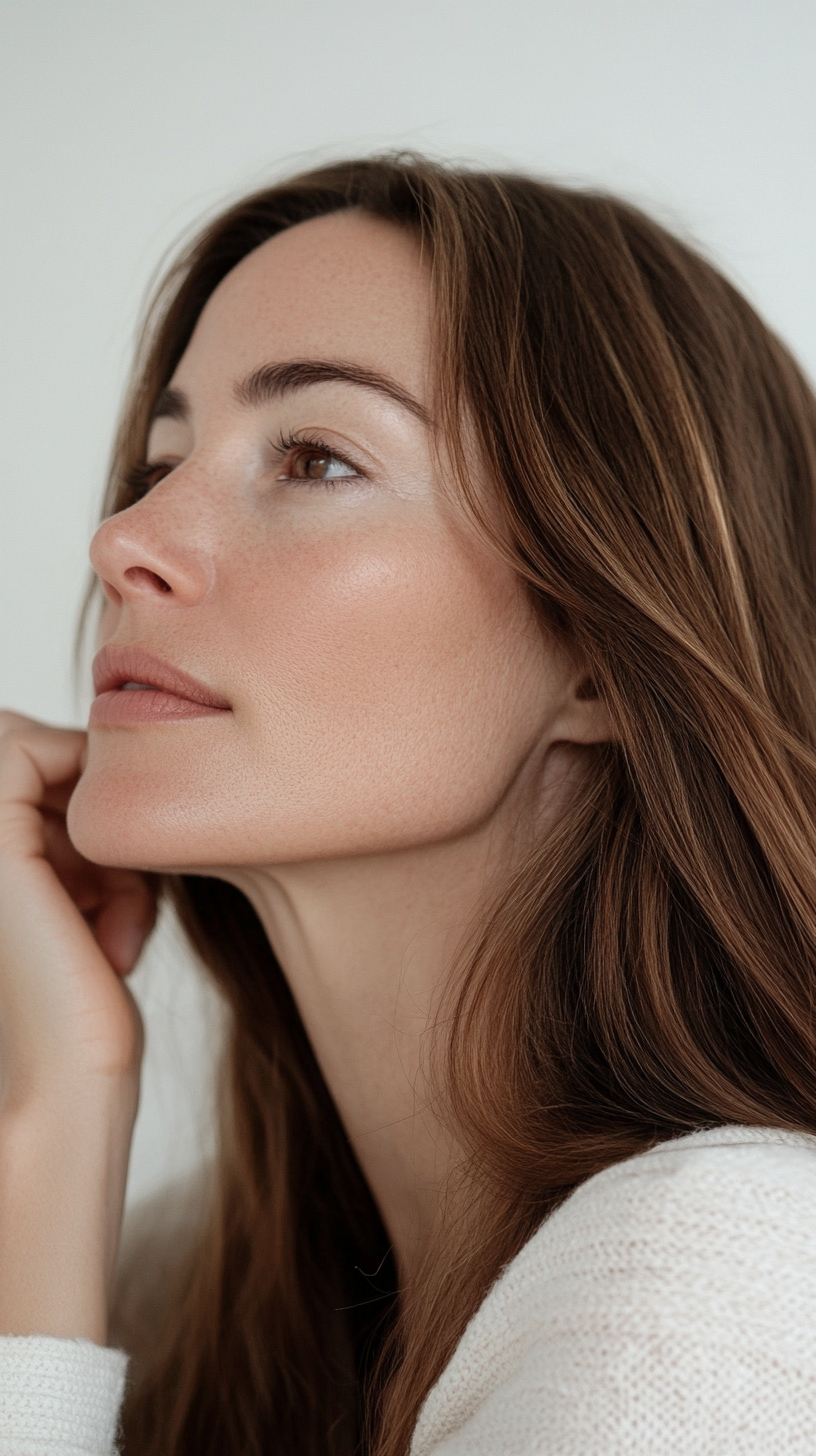 Woman with long brown hair against a plain background