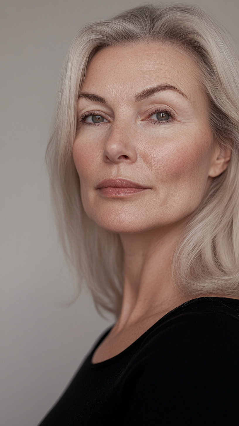 Woman with light-colored hair and a neutral expression against a plain background