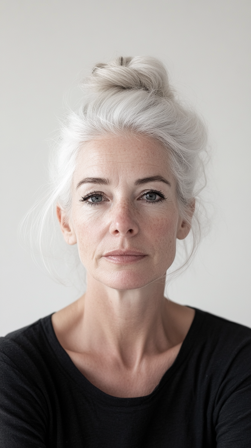 Woman with styled hair against a plain background