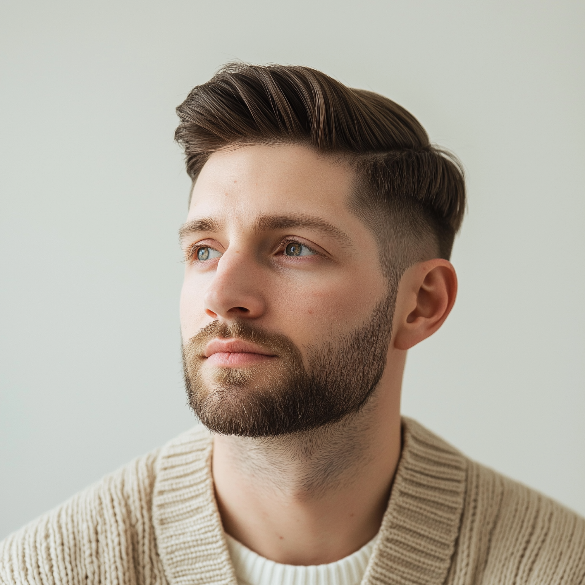 Man with a stylish haircut and beard wearing a beige sweater against a plain background