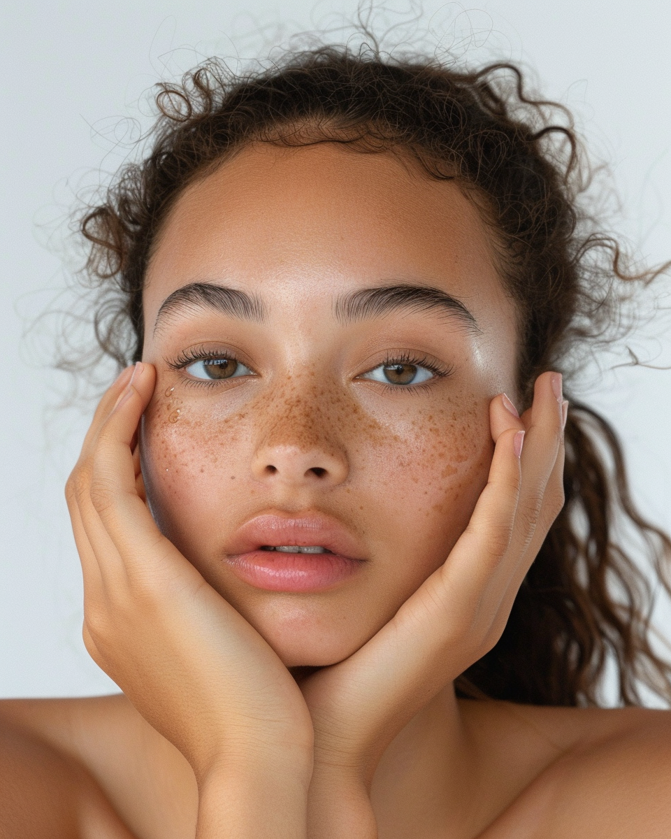 Woman with freckles holding her face with a neutral background