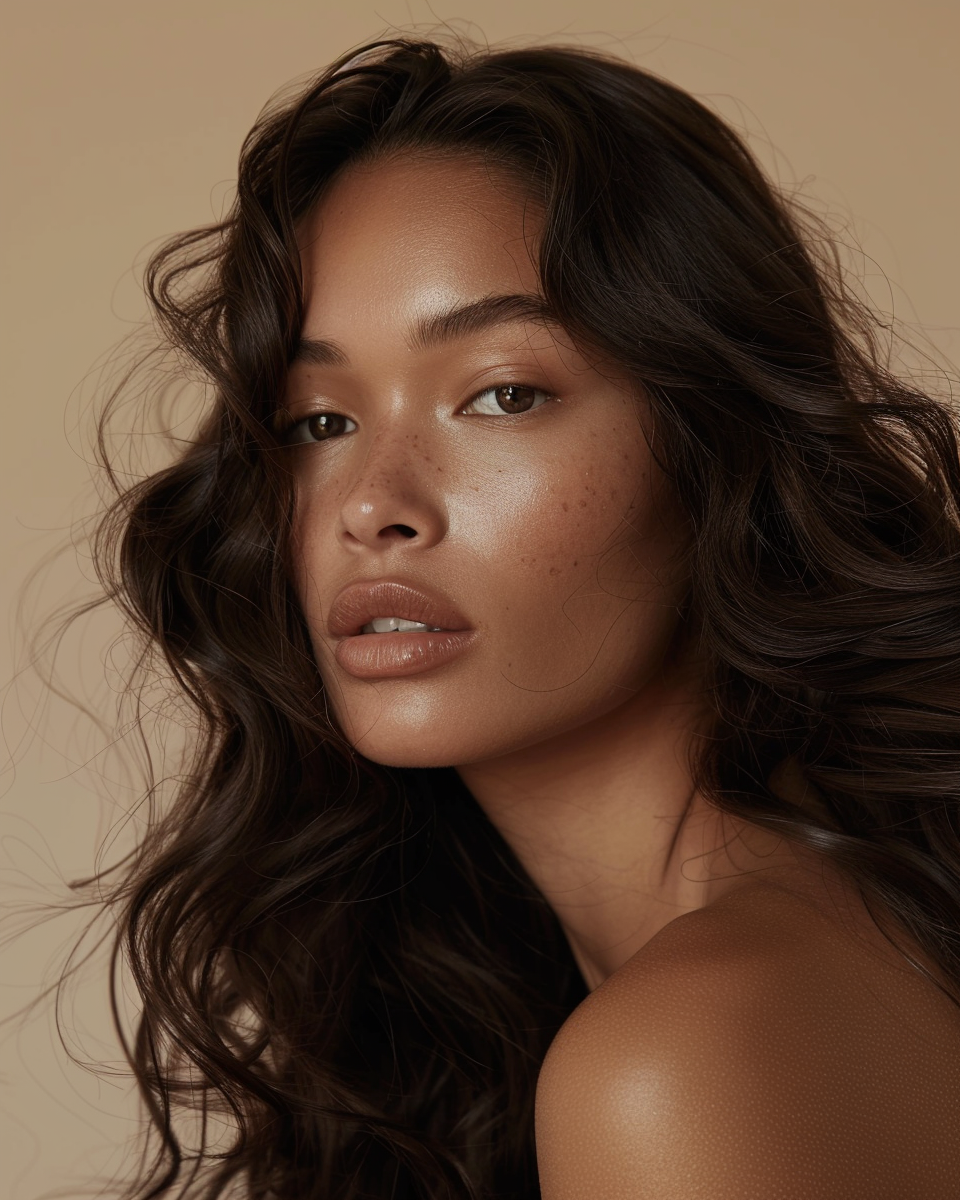 Woman with wavy hair against a beige background