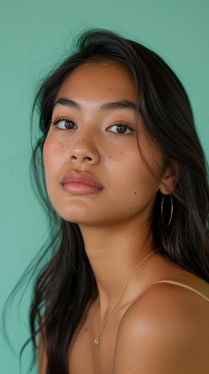 Woman with long dark hair and minimal makeup against a green background