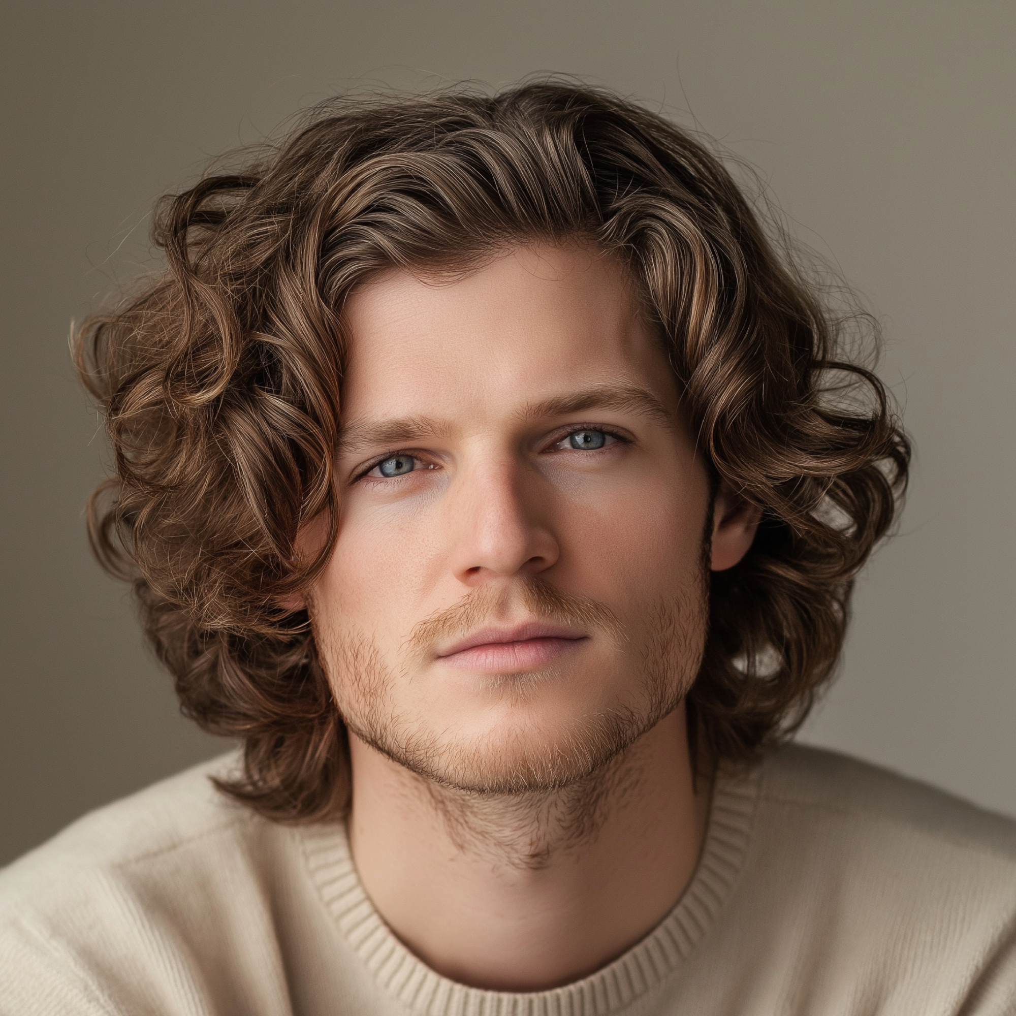 Man with wavy brown hair wearing a beige sweater against a neutral background