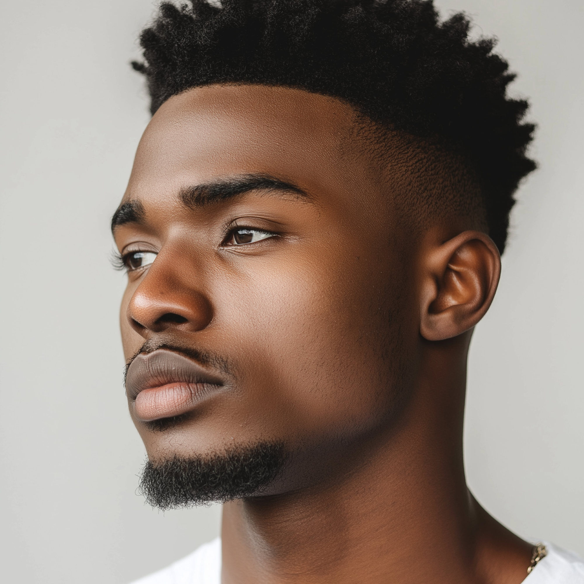 Close-up of a man with styled hair against a neutral background