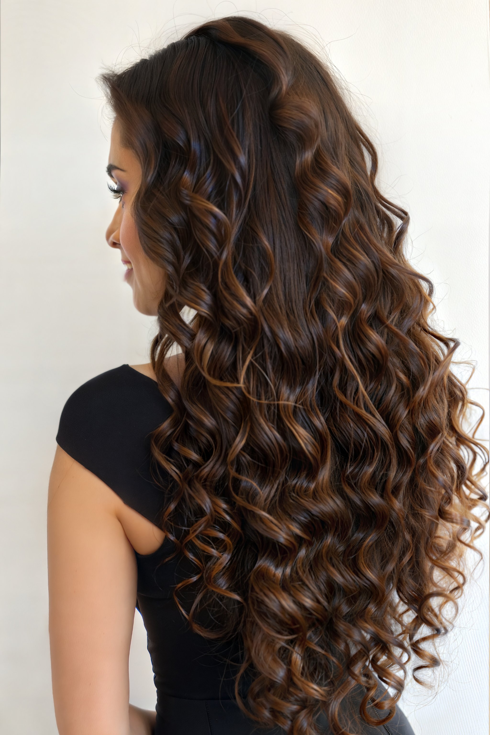 Woman with long, wavy brown hair against a white background