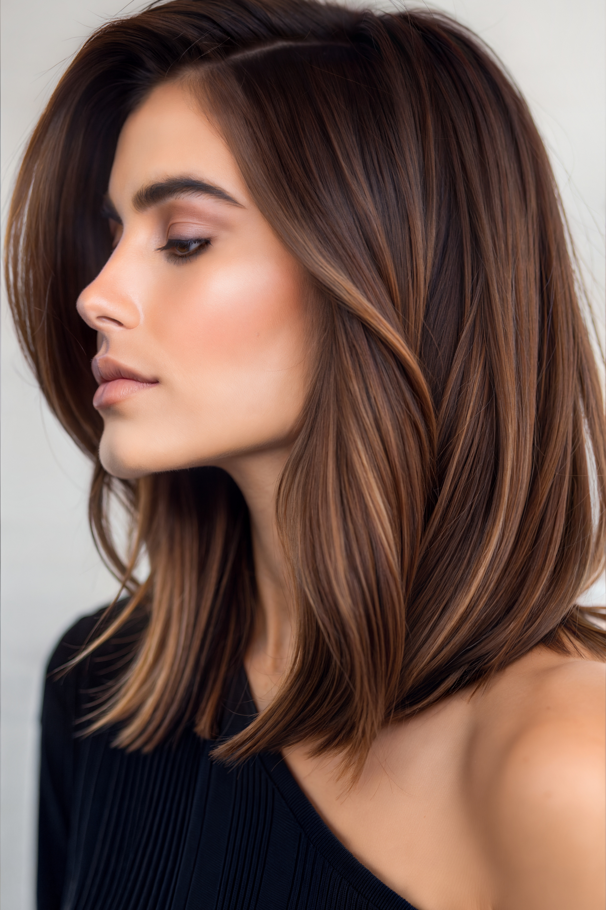 Woman with shoulder-length brown hair against a neutral background
