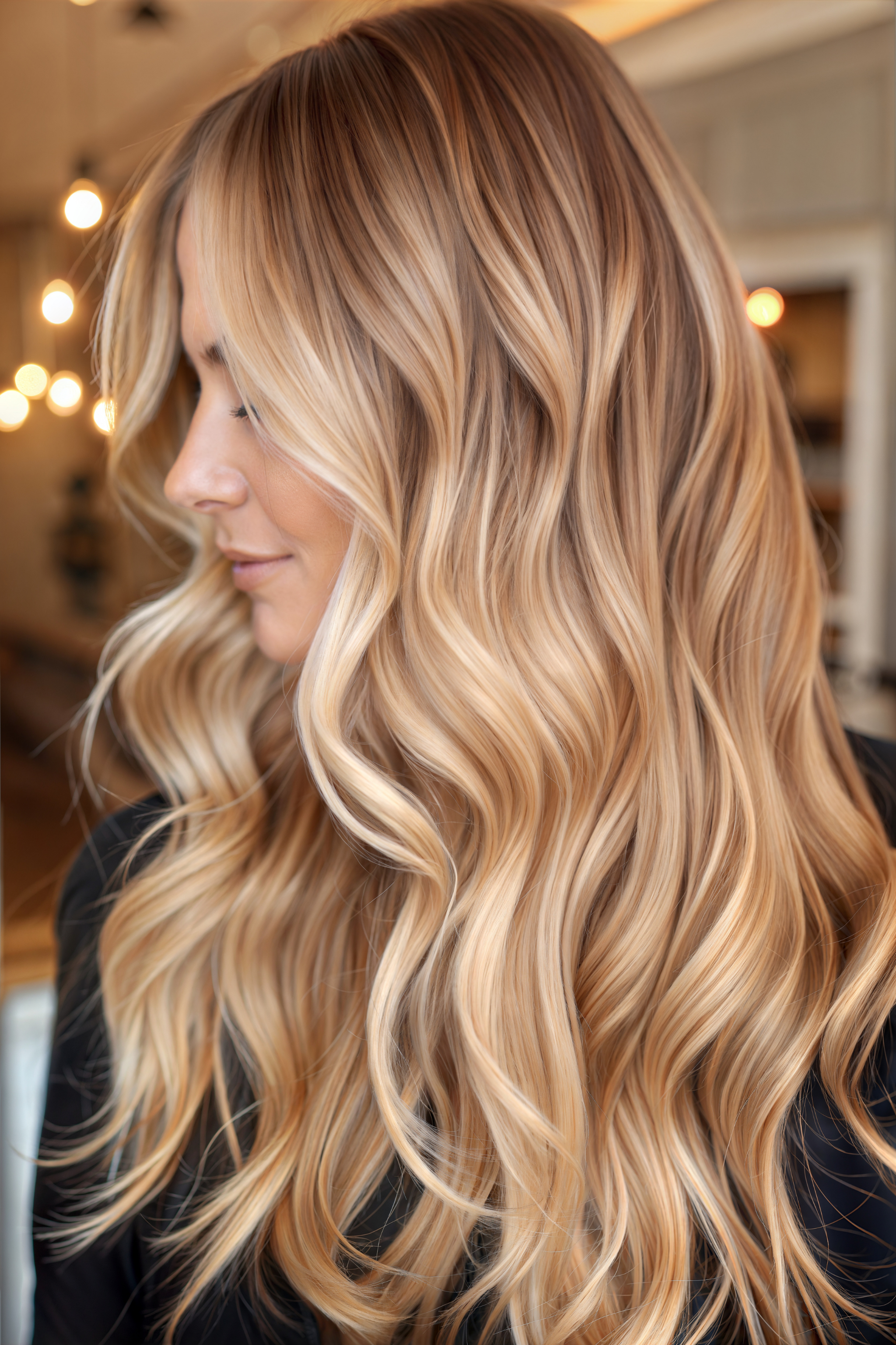 Woman with long, wavy blonde hair in a blurred indoor setting