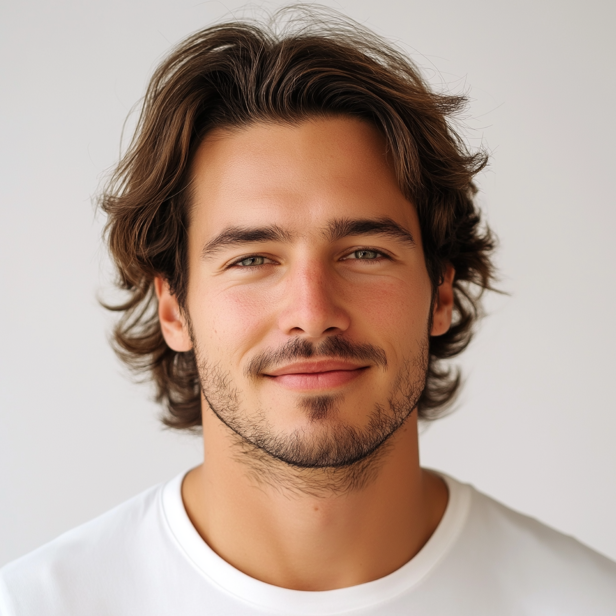 Man with wavy hair and a beard wearing a white shirt against a plain background