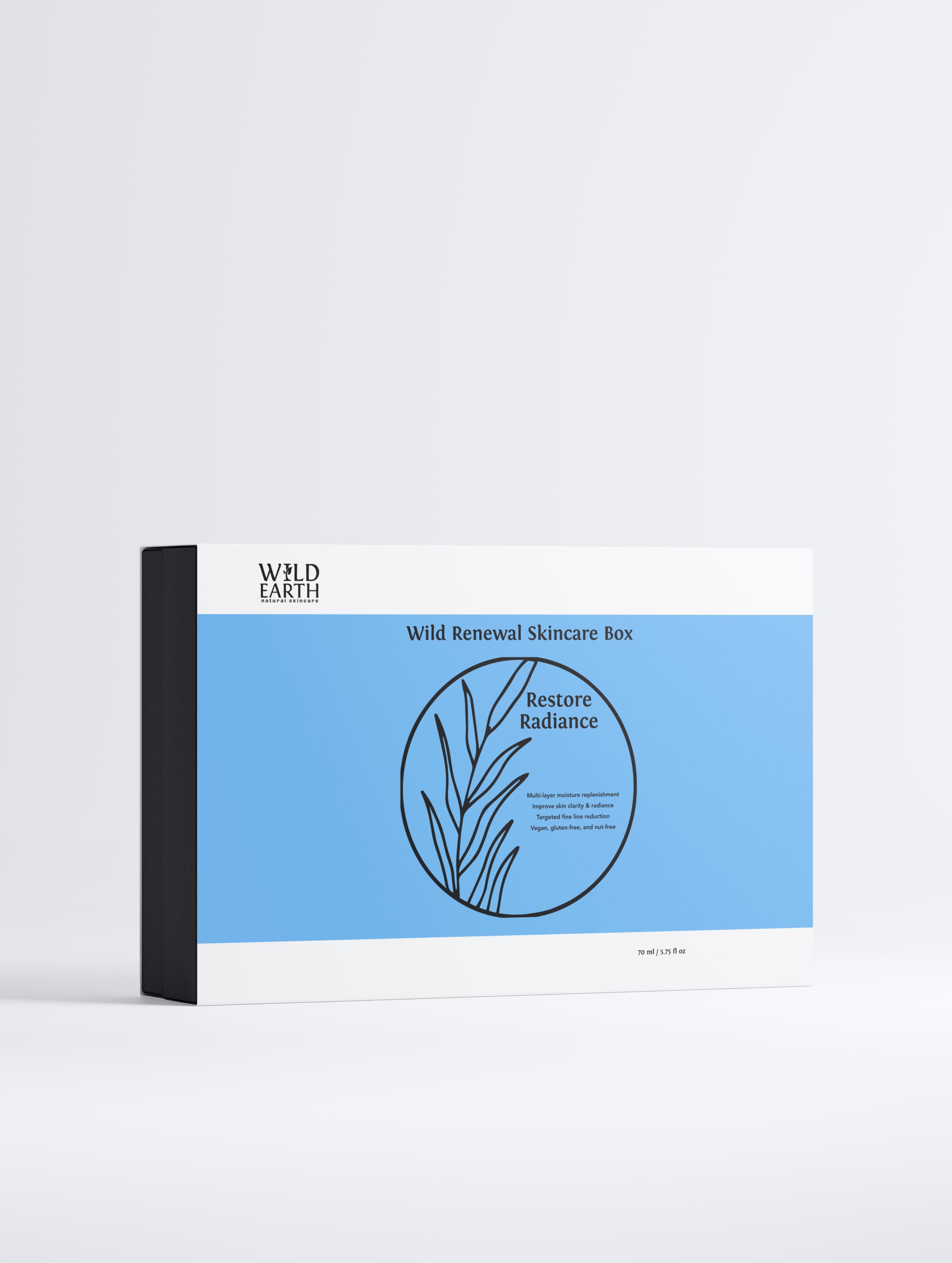 Skincare box with blue and white design on a light gray background