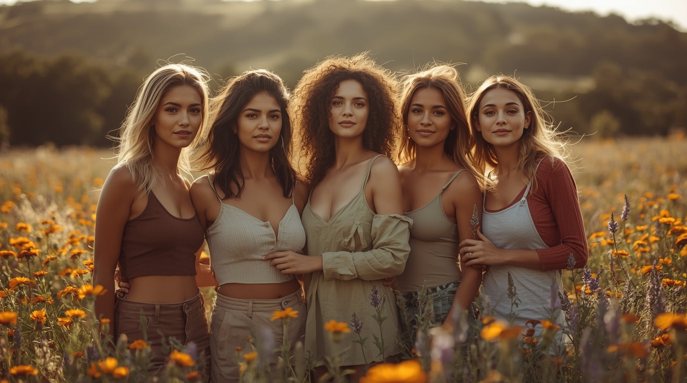 Wild Earth Naturals skincare—group of diverse women in wildflower field at golden hour, celebrating natural beauty and plant-based ingredients.