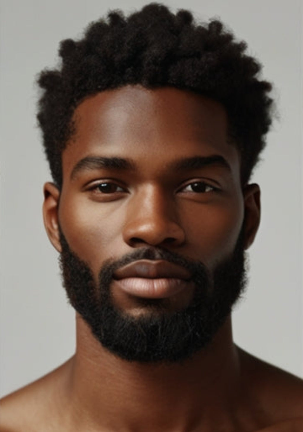 A men with natural hairstyle and beard on a neutral background