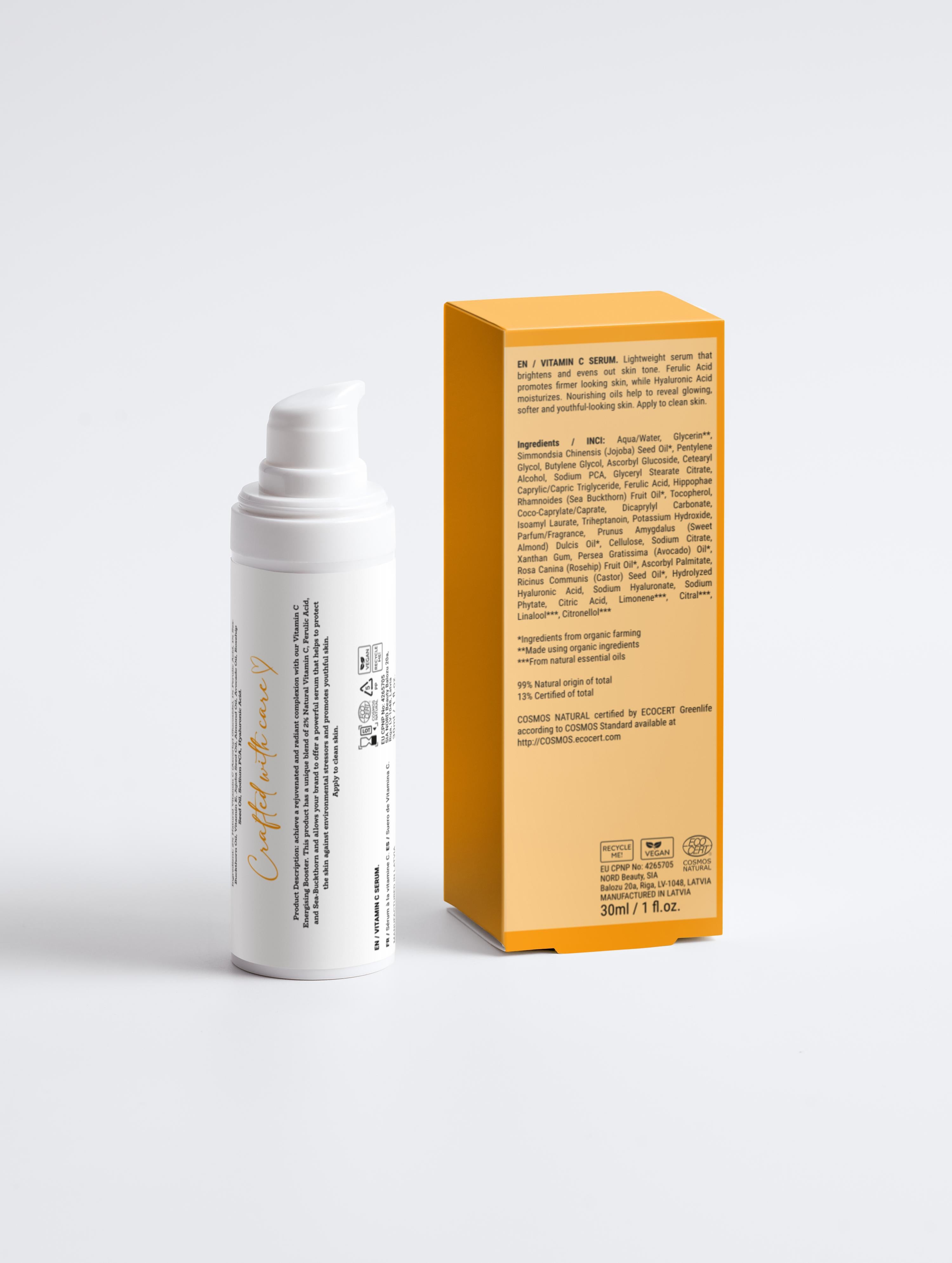 White serum bottle and orange box with text on a white background