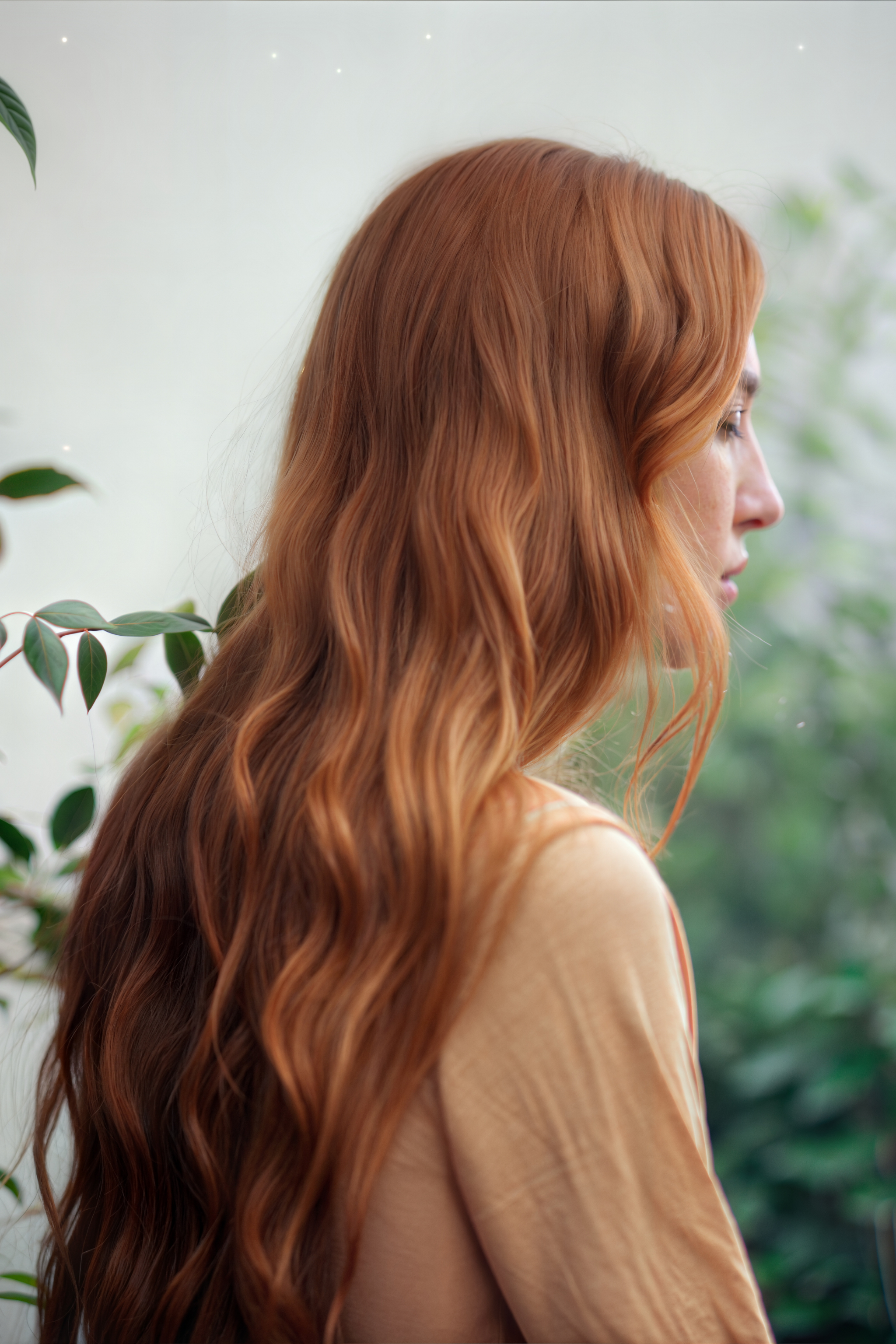 Woman with long, wavy red hair standing outdoors with greenery in the background