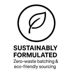 Logo with a leaf symbol and text about sustainably formulated products with zero-waste batching and eco-friendly sourcing.