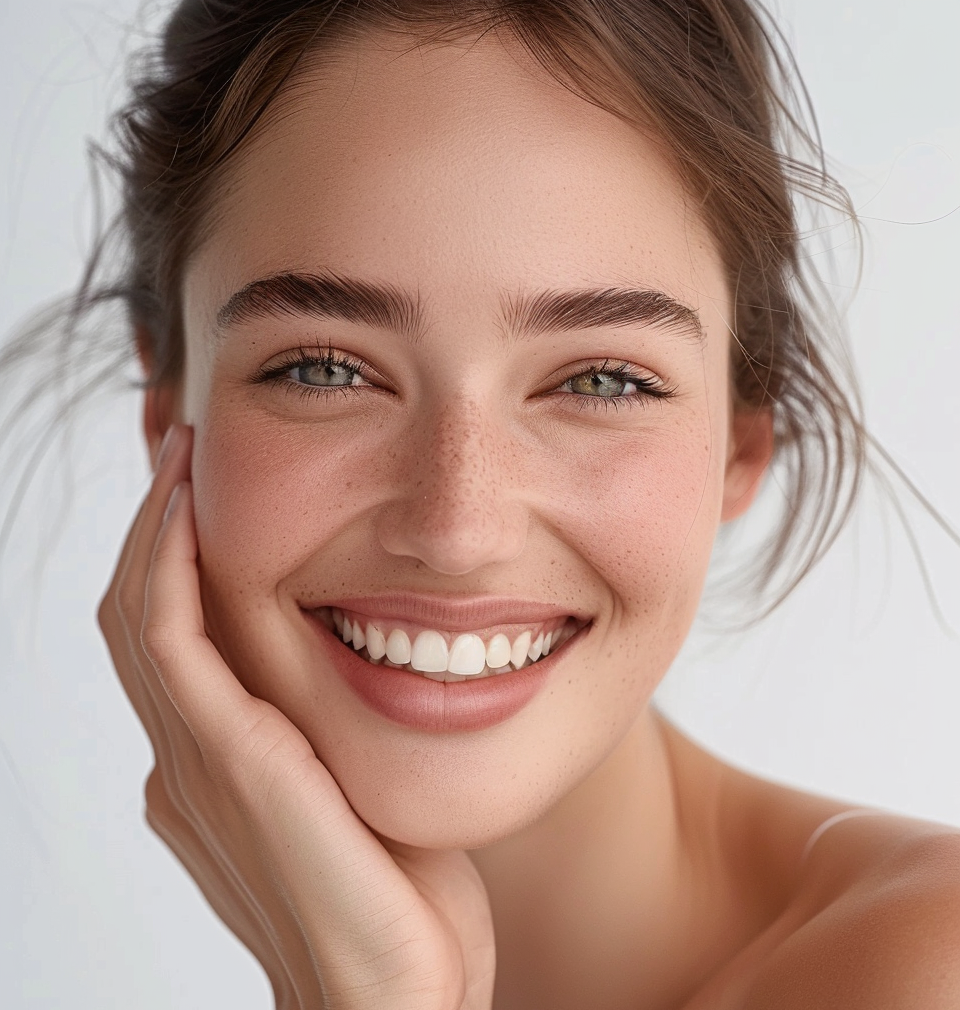 Woman with a bright smile and natural makeup on a plain background